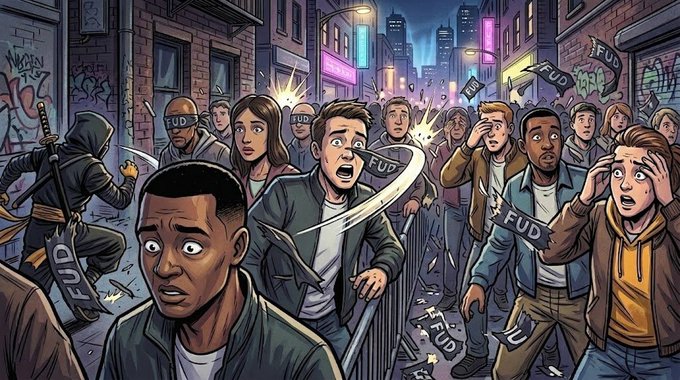 A comic-style illustration depicting a chaotic street scene where an enraged mob of people, many wearing 'FUD' headbands and throwing papers labeled 'FUD', are attacking a panicked crowd.