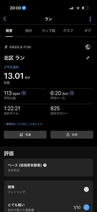 The image shows a phone screen with an app open, displaying information about a distance measurement for a run or walk. The text on the screen includes Japanese characters that read "13.01 km" and "6.21 km". There are also some numbers displayed in the bottom left corner of the screen. The post is titled "お日はリカバリー の明日は体調次第でロングかなー #stepn", which translates to "Today's distance measurement".