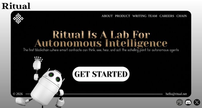 The image shows a website screenshot for "Ritual" featuring the tagline "Ritual Is A Lab For Autonomous Intelligence" and a "GET STARTED" button, with a robot mascot holding what appears to be a beverage. The image aligns with the accompanying post about Ritual (@ritualnet), visually representing the project's focus on autonomous AI agents—reflecting the discussion about how beyond its technical specs like precompiles, Ritual's true innovation lies in enabling autonomous intelligence, as suggested by the bold "Autonomous Intelligence" headline and the friendly robot character.