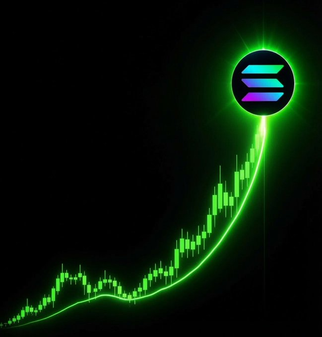 A digital illustration showing a green candlestick chart rising sharply upward, topped with a glowing circular logo featuring stacked horizontal bars in cyan, blue, and purple, suggesting cryptocurrency price growth.
