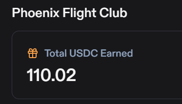A dark-themed UI panel titled 'Phoenix Flight Club' displaying a 'Total USDC Earned' balance of 110.02.