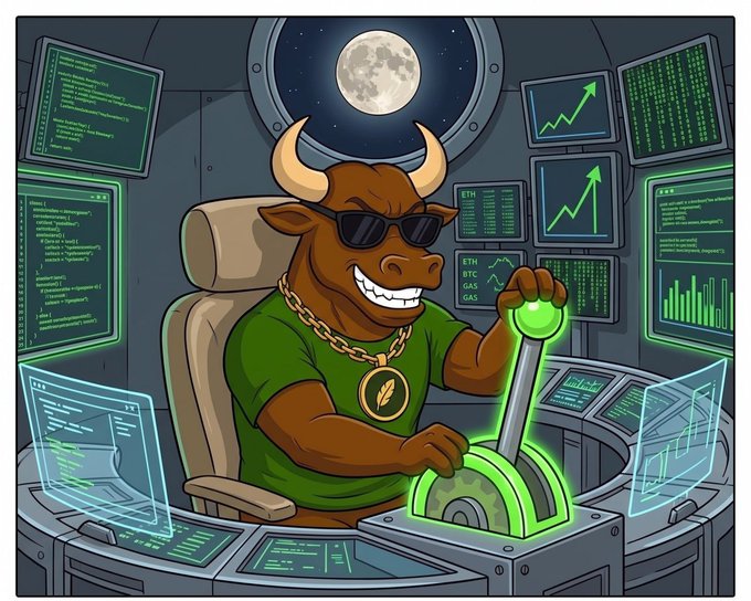 A cartoon illustration depicts a bullish character wearing sunglasses and a gold chain, sitting in a spaceship cockpit surrounded by cryptocurrency trading charts with labels for ETH, BTC, and GAS.