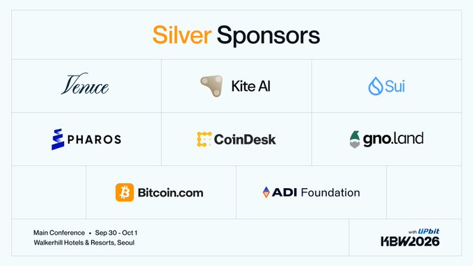 Silver Sponsors graphic for the KBW2026 Main Conference (Sep 30 - Oct 1, Walkerhill Hotels & Resorts, Seoul), featuring logos for Venice, Kite AI, Sui, Pharos, CoinDesk, gno.land, Bitcoin.com, and ADI Foundation.