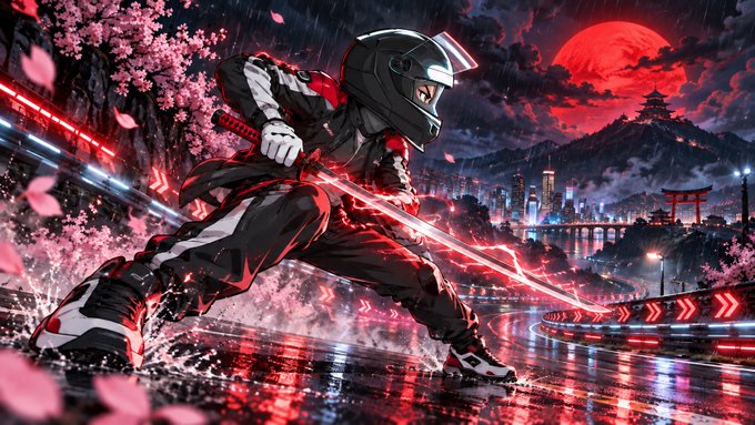 A vibrant anime-style illustration of a masked samurai in a dynamic stance wielding glowing red energy blades on a rainy street, with cherry blossoms and a pagoda silhouetted against a large red moon in the background.