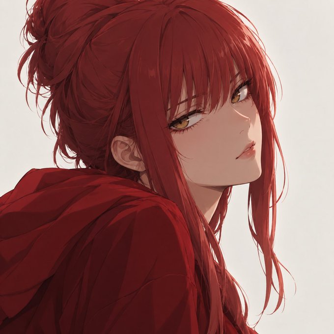 An anime-style portrait of a girl with long red hair tied up, amber eyes, and a red hooded garment, looking over her shoulder against a white background.