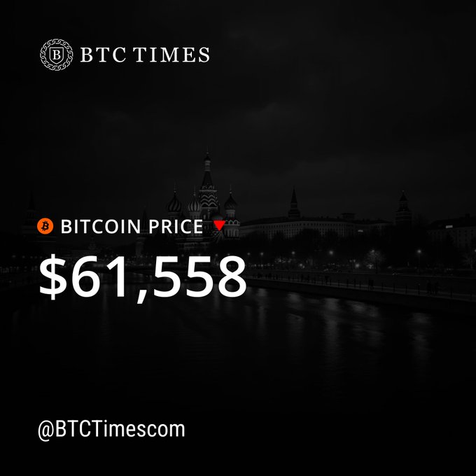 A 'BTC Times' promotional graphic showing Bitcoin price at $61,558 with a red down arrow, set against a dark background featuring the Moscow Kremlin at night, branded @BTCTimescom.