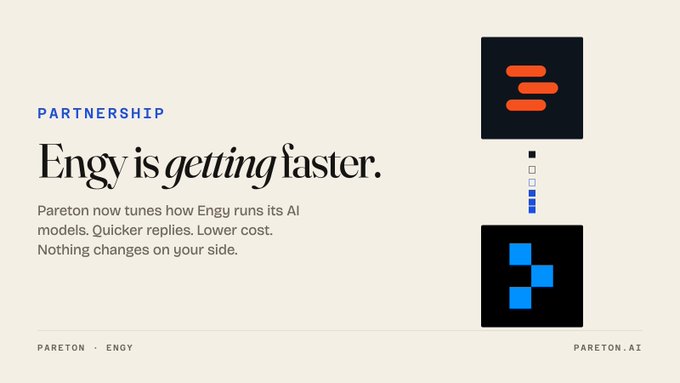 A partnership announcement graphic stating 'Engy is getting faster,' explaining that 'Pareton now tunes how Engy runs its AI models' for quicker replies and lower cost, with visual icons on the right.