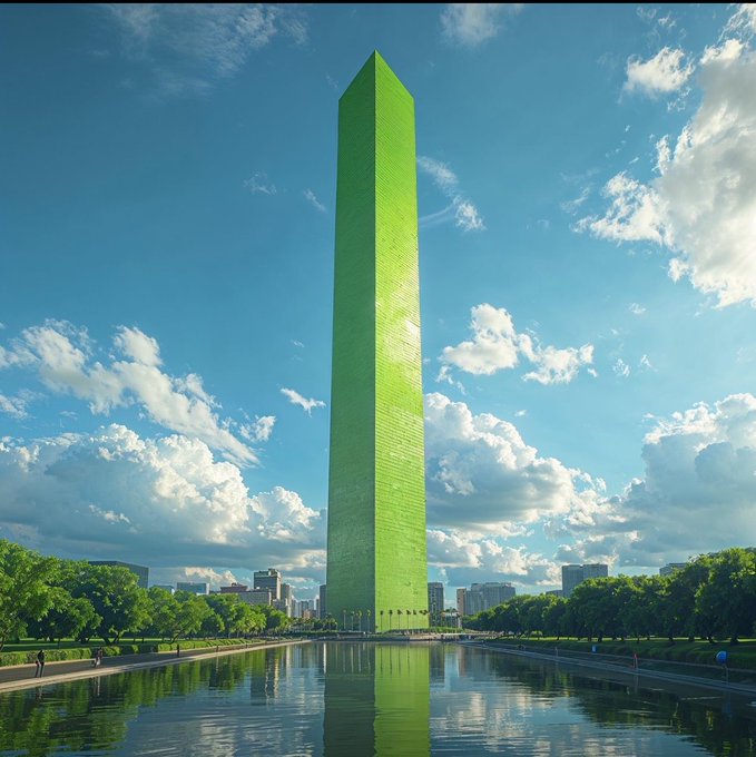 A towering green obelisk rises above the Washington Monument's reflecting pool, its bullish green color visually echoing the optimistic "Who's bullish rn?" sentiment with a powerful monument-style surge toward the sky.