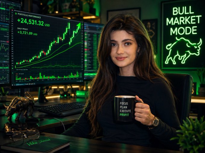 A woman sits at a trading desk holding a mug reading 'FOCUS PLAN EXECUTE PROFIT,' with a stock chart showing 'PORTFOLIO PERFORMANCE +24,531.32 USD' and a neon 'BULL MARKET MODE' sign in the background.