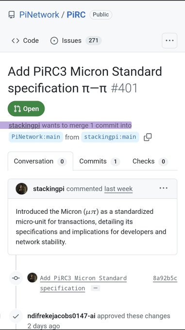 A GitHub pull request page for PiNetwork/PIRC titled 'Add PiRC3 Micron Standard specification π-π #401', marked as Open, showing a comment from stackingpi describing the introduction of the Micron (μπ) as a standardized micro-unit for transactions.