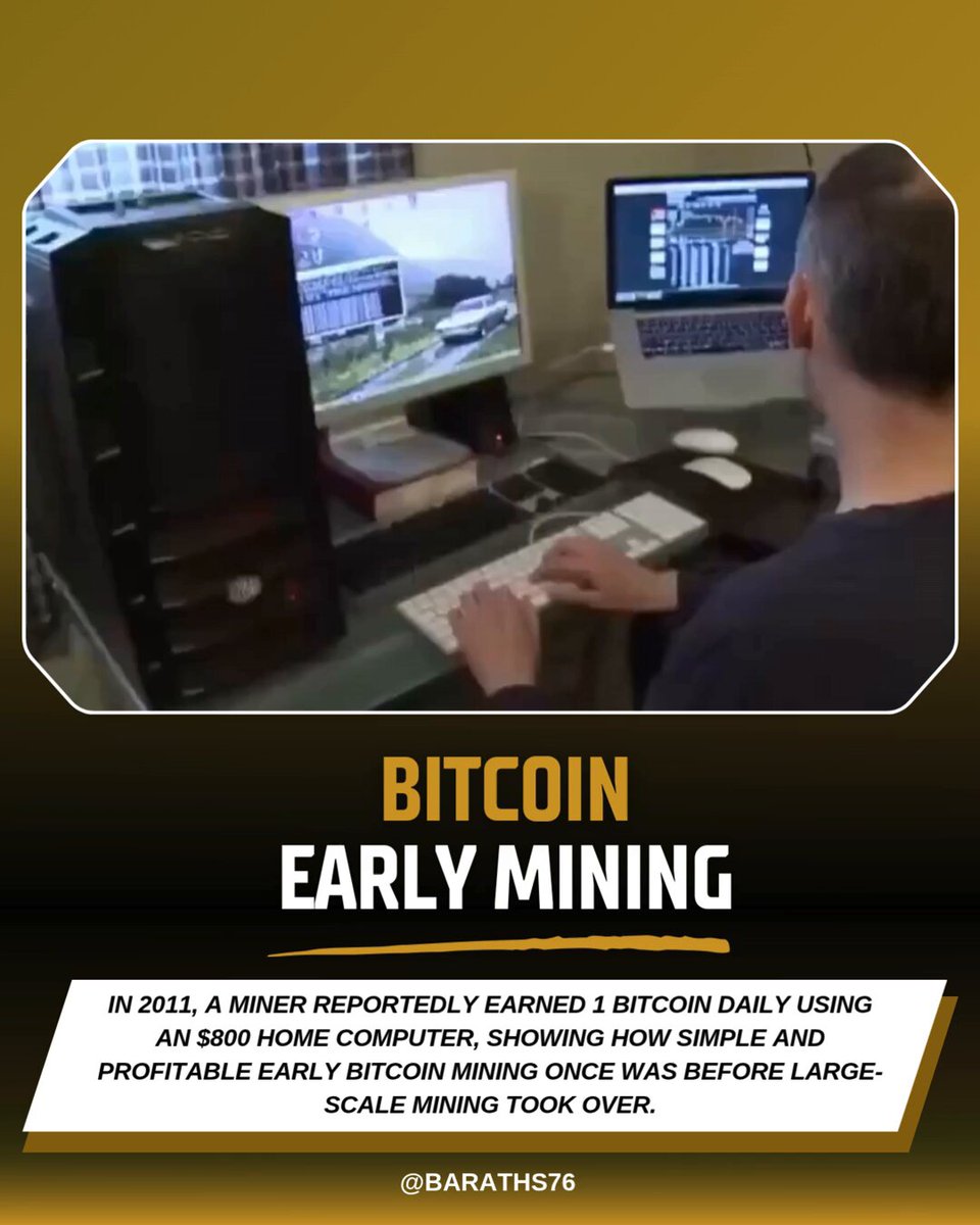 The image shows a man sitting at a desk with two computer monitors, typing on his keyboard. The poster below the image includes text about Bitcoin mining that explains it as being easy to learn and offers the potential of early profits.