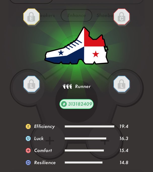 The image shows a black background with a white shoe design featuring red, blue, and green colors. The shoe has a star on top of it, which could be a symbol or logo representing a brand or event. In the bottom right corner of the image, there is text that reads "Stepn" followed by a series of numbers and symbols. This might indicate some sort of scoring system for the runner's performance in the game. The shoe design and the text suggest that this could be an interactive gaming experience where players can track their progress or achievements using the shoe as a visual representation of their points, steps, or other accomplishments within the game.