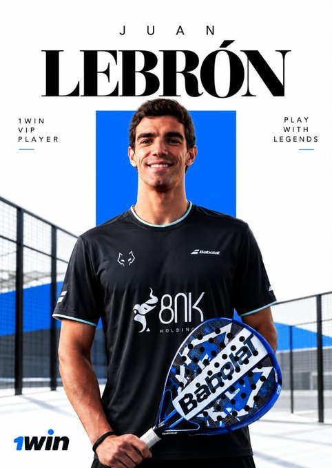 A promotional poster featuring 'JUAN LEBRÓN' holding a Babolat padel racket, with text '1WIN VIP PLAYER' and 'PLAY WITH LEGENDS' on a blue and white background.