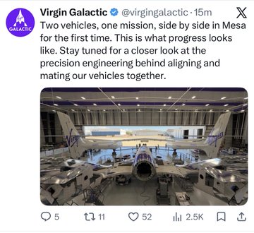 A screenshot of a Virgin Galactic (@virgingalactic) tweet showing two space vehicles side by side in Mesa, stating 'Two vehicles, one mission, side by side in Mesa for the first time.'