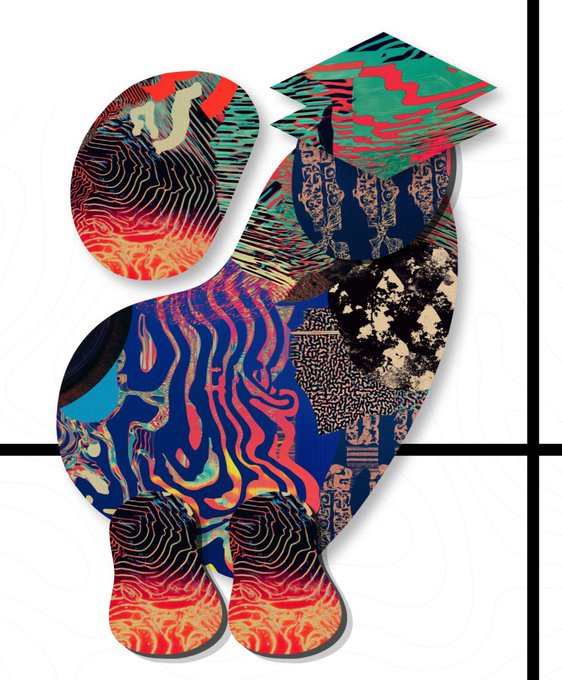 An abstract artistic composition depicting a figure wearing a graduation cap, filled with vibrant patterns including flames, waves, and batik-like designs in red, blue, and orange colors.