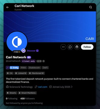 A X (Twitter) profile page for 'Cari Network' (@carinetwork) shows 1163 followers, describing itself as 'The first tokenized deposit network purpose-built to connect chartered banks and decentralized finance,' located in CA and joined July 2025.