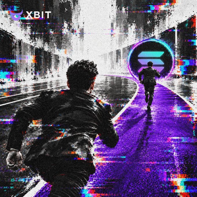 A stylized, glitch-effect digital artwork branded 'XBIT' depicting a man running down a purple-lit road toward another figure and a glowing Solana logo, set against a distorted urban backdrop.