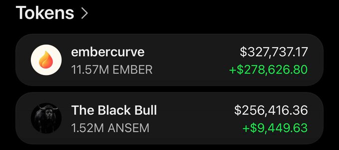 The image displays a portfolio view titled "Tokens" showing two holdings: 11.57M EMBER (ticker "ember") worth $327,737.17, up $278,626.80, and 1.52M ANSEM (labeled "The Black Bull") worth $256,416.36, up $9,449.63. The portfolio's massive gains on both $EMBER and $ANSEM holdings visually support the post's claim about being early to these tokens and turning a small investment into substantial profits.