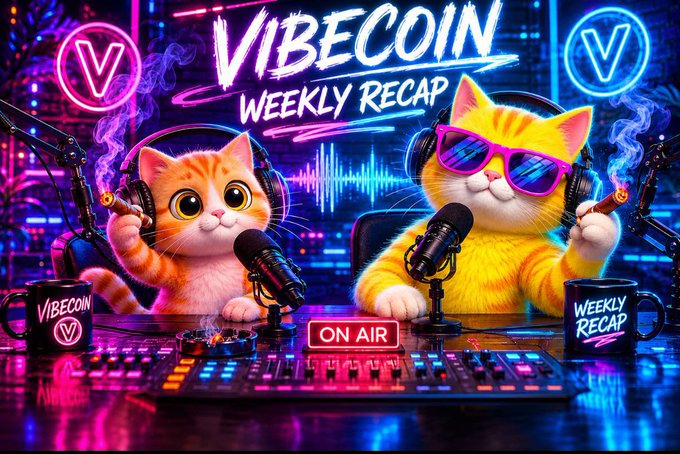 The image features two cartoon cats sitting behind a microphone, wearing headphones and sunglasses. They are positioned at a desk or table, which has a keyboard and a cup nearby. The background of the image includes neon lights that create an energetic atmosphere. The caption "Let's vibe with thefeed.today and @anoncoinit" suggests that this image is related to a social media post promoting a cryptocurrency called @anoncoinit.