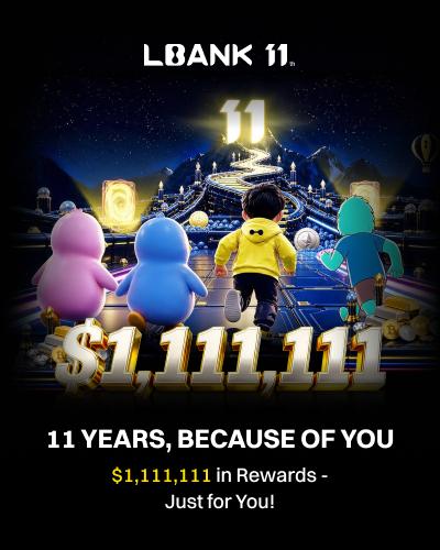 LBank's 11th-anniversary promotional graphic featuring cartoon characters with "$1,111,111 in Rewards" and "11 YEARS, BECAUSE OF YOU" displayed, tying into a celebratory airdrop campaign offering roll-dice tasks to earn up to 200 USDT. The image visually represents the limited-time rewards tied to completing registration and task requirements via the LBank referral link.