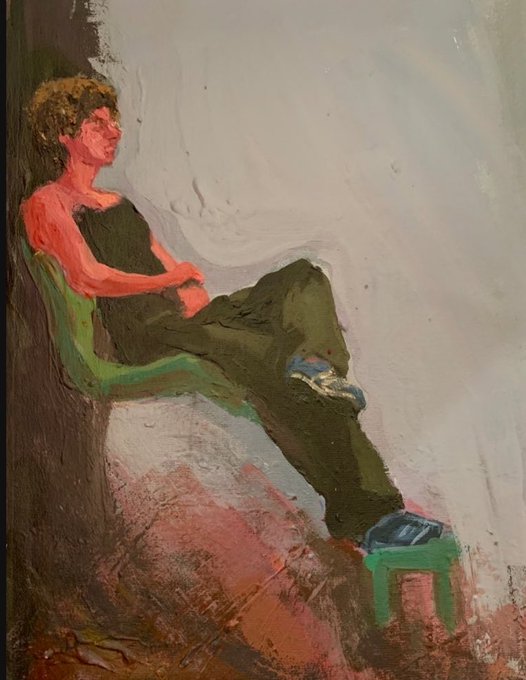 An oil painting of a seated figure wearing glasses and a black top, rendered with reddish and green tones against an abstract background.