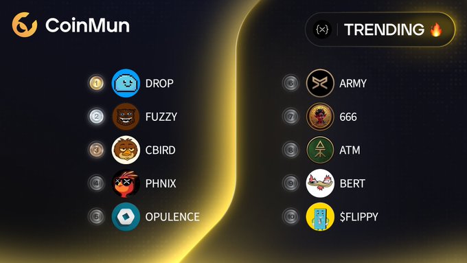 A CoinMun trending list displays the top 10 XRPL tokens, ranked from 1 to 10, with $DROP, $FUZZY, $CBIRD, $PHNIX, and $OPULENCE on the left side and $ARMY, $666, $ATM, $BERT, and $FLIPPY on the right, matching the featured tickers and associated handles in the post.