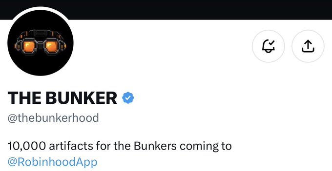 Twitter profile for THE BUNKER (@thebunkerhod) featuring pixel-art headphones logo and bio reading '10,000 artifacts for the Bunkers coming to @RobinhoodApp'.