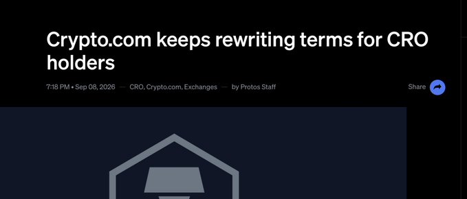 A news article screenshot titled "Crypto.com keeps rewriting terms for CRO holders" dated Sep 08, 2026, by Protos Staff, with a dark blue background.