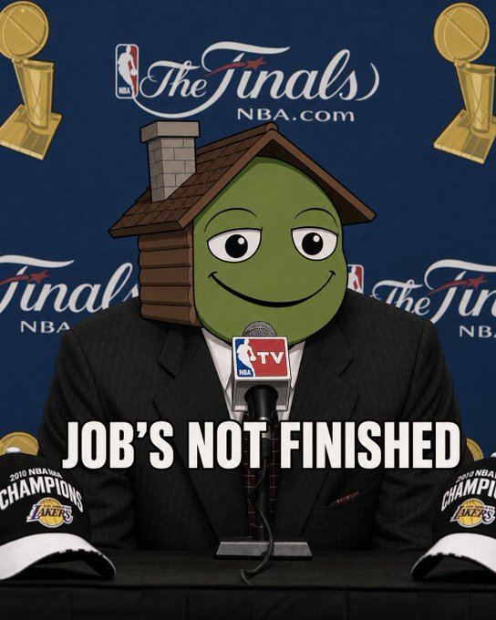 A meme featuring a green Pepe the Frog face wearing a wooden house on its head, sitting at an NBA Finals press conference with Lakers championship caps, captioned 'JOB'S NOT FINISHED'.