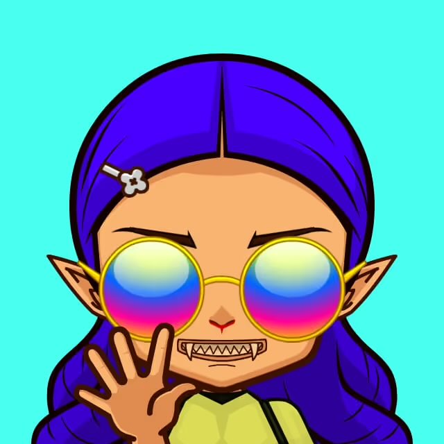 A vibrant cartoon illustration of a character with purple hair, colorful gradient round sunglasses, a hair clip, and a mischievous grin showing sharp teeth against a bright cyan background.