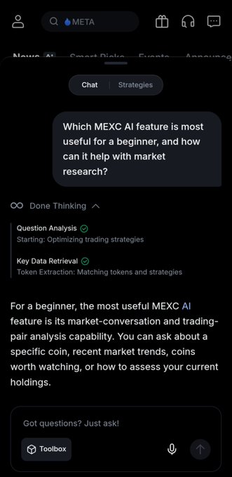A screenshot of a META AI chat interface answering a question about MEXC AI features for beginners, mentioning market-conversation and trading-pair analysis capabilities.