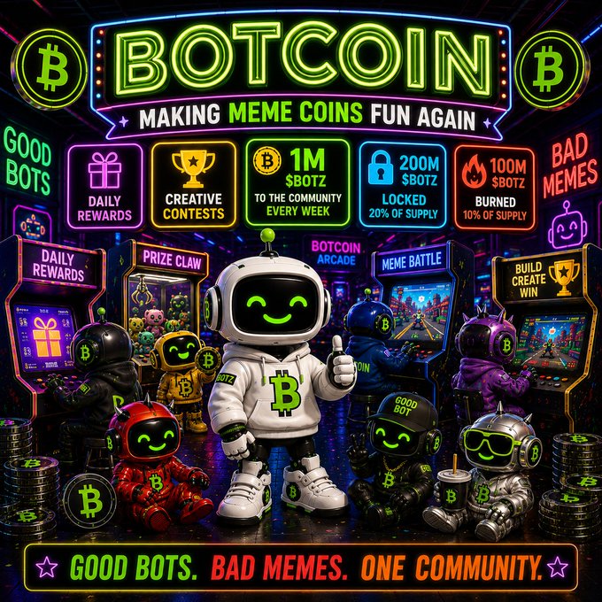 Vibrant neon-style promotional image for BOTCOIN ('MAKING MEME COINS FUN AGAIN') with features like 1M $BOTZ weekly to community, 200M locked, 100M burned, and arcade-style areas like Prize Claw and Meme Battle, captioned 'GOOD BOTS. BAD MEMES. ONE COMMUNITY.'