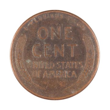 The back of a copper U.S. Lincoln Wheat penny is shown, displaying 'ONE CENT' and 'UNITED STATES OF AMERICA' within the wheat stalk design.