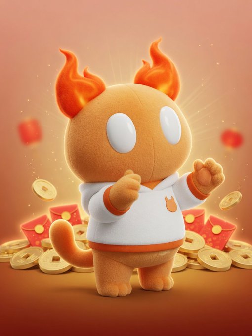 An adorable orange cat-like character with flame-shaped ears stands triumphantly amid gold coins and red envelopes, symbolizing Bitcoin's evolving role beyond just an asset to one that carries real-world utility and value. The festive imagery of wealth and prosperity aligns with the post's reflection on Bitcoin's potential to "carry" more than mere price appreciation in its next phase.