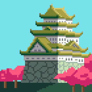 Pixel art of a traditional East Asian castle or pagoda with green tiled roofs, stone walls, and pink cherry blossoms in the foreground against a turquoise sky.