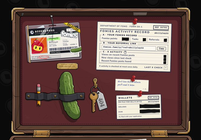 A briefcase displays a "Department of Fomo" Fomies Activity Record (Form ER-1, Ref 00782) for user @billyny22, featuring an Access Pass, X Activity, and Wallets for Solana and EVM, alongside a suspicious pickle strapped to the interior—visually echoing the post's playful warning not to ask about the pickle after receiving the briefcase from the Department of Fomo.