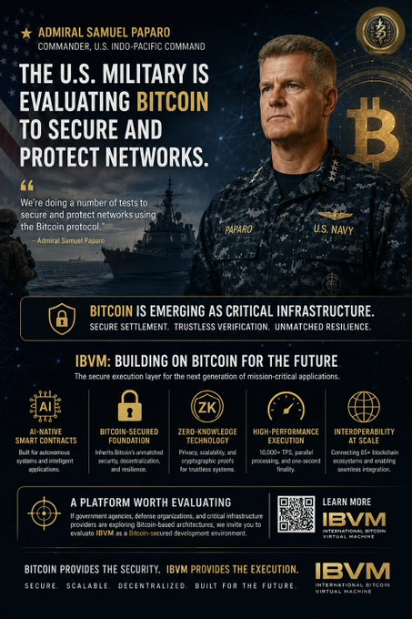 A promotional graphic featuring Admiral Samuel Paparo, Commander of U.S. Indo-Pacific Command, alongside a quote about the U.S. military evaluating Bitcoin to secure and protect networks, with IBVM branding promoting Bitcoin as critical infrastructure for AI-native smart contracts and zero-knowledge technology.
