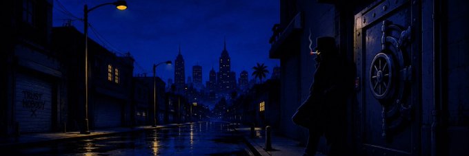 A shadowy silhouette stands beside an ornate vault door on a rain-slicked, midnight-blue street, with a city skyline glowing in the distance and the words "TRUST YOURSELF" faintly tagged on a wall. The image evokes quiet confidence and the reward of seizing hidden opportunities—mirroring the post's message about an unexpectedly profitable August requiring trust in one's own ability to spot daily openings.