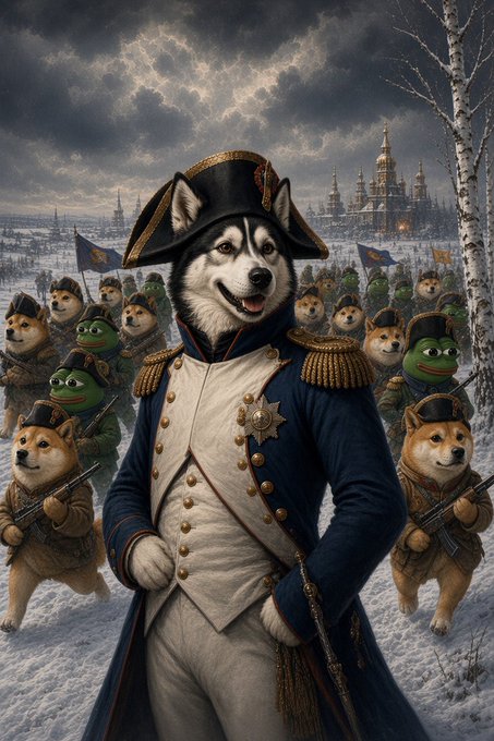 A digital artwork depicts a Shiba Inu dog dressed as a Napoleonic-era military commander in a bicorne hat and uniform, standing before an army of similarly anthropomorphized dogs and frogs in a snowy landscape.