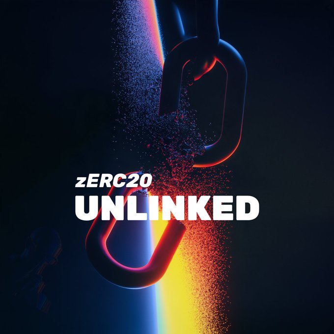 A digital graphic with the text 'zERC20 UNLINKED' displayed against a dark background featuring a breaking chain illuminated by red and blue neon lights and particles.