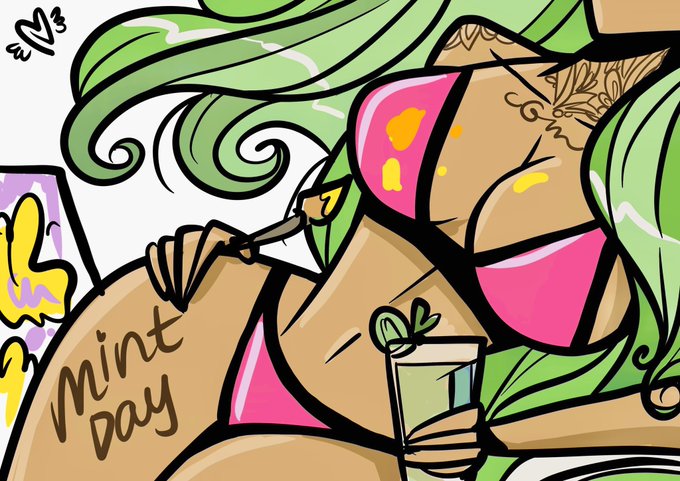 A colorful cartoon illustration of a green-haired woman in a pink bikini holding a drink, with 'Mint Day' written on her thigh and small hearts above her head.