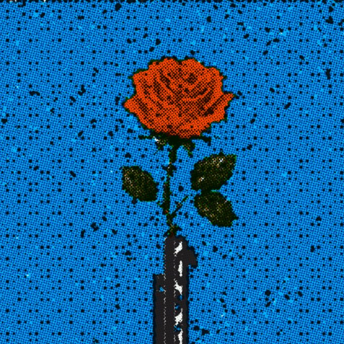 A vibrant pixel-art red rose with green leaves and a metallic gray stem rises against a textured blue background, embodying the crypto-art aesthetic typical of "proof-of-culture.com" generative editions.