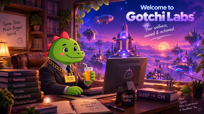 A promotional graphic for 'Gotchi Labs' featuring a cartoon dinosaur mascot in a business suit with a gold chain, set against a fantasy cityscape backdrop with text like 'Welcome to Gotchi Labs' and 'Your wellness, owned & acted.'