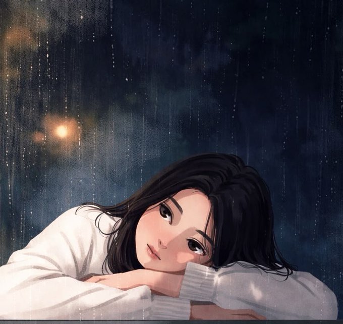 A young woman with dark hair rests her head on her arms, gazing softly toward the viewer against a starry night sky with a glowing moon, perfectly capturing the serene, restful mood of the "Good night" message. The dreamlike, calming illustration complements the post's theme of recharging for tomorrow.