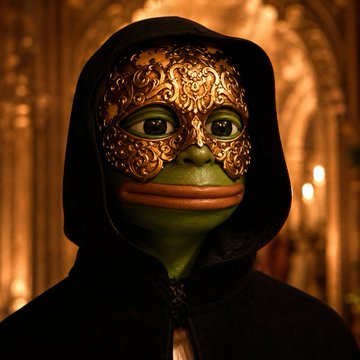 A figure wearing a dark hood and an ornate, baroque-style golden half-mask stands against a dimly lit, gothic backdrop, with greenish skin and large frog-like eyes peering through the mask. The masked, mischievous figure embodies the irreverent, anti-establishment spirit of meme art movements like RarePepes and TrashArt, which the poster likens to historic avant-garde art movements.
