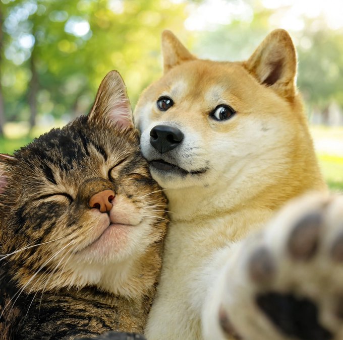 A tabby cat with closed eyes rests its head affectionately against a smiling Shiba Inu in a sunlit park, capturing a heartwarming moment of animal friendship that perfectly embodies the spirit of "much love."
