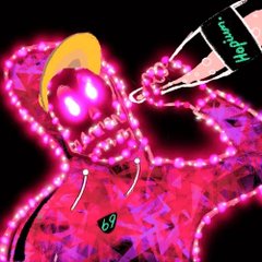 A stylized digital illustration depicts a glowing pink, skeletal figure with a halo and an '87' patch, wearing a hard hat and holding a 'diamond' pickaxe against a black background.