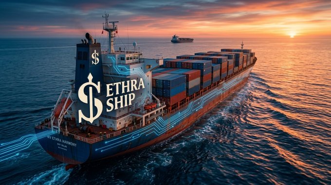 A digital artwork of a large cargo ship loaded with shipping containers sailing at sunset, overlaid with glowing blue circuit lines and the text 'S ETHRA SHIP'.
