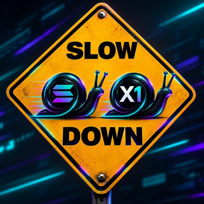 A digital illustration of a yellow diamond-shaped 'SLOW DOWN' road sign with a distressed texture, where the 'OO' letters are replaced by two neon-styled snails and an 'X1' symbol.
