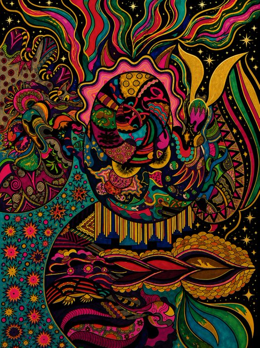 A vibrant, psychedelic digital artwork depicting a stylized figure with flowing, colorful patterns, gold accents, and starry cosmic elements.